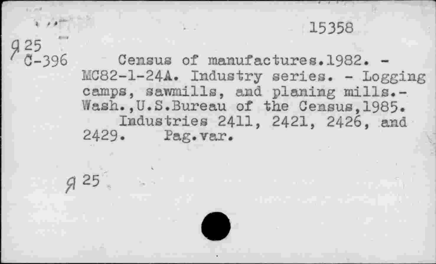 ﻿15358
3 25
0-39& Census of manufactures.1982. -MC82-1-24A. Industry series. - Logging camps, sawmills, and planing mills.-Wash.,U.S.Bureau of the Census,1985.
Industries 2411, 2421, 2426, and 2429. fag.var.
^25